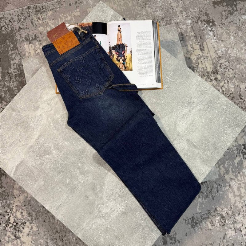 Louis Vuitton Women's Luxury Embossed Panel Dark Wash Straight-Leg Jeans AAA Quality Reps UK