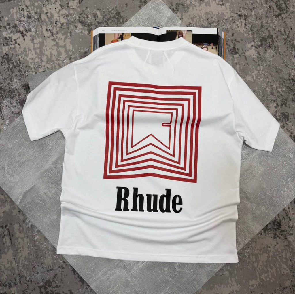 Rhude Men's Luxury Geometric Logo Premium Heavyweight Cotton T-Shirt AAA Quality Reps UK