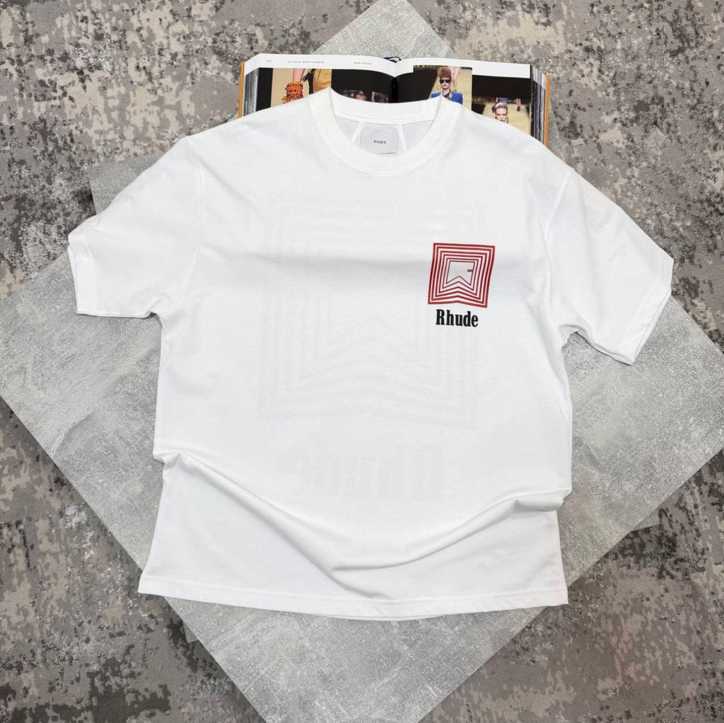 Rhude Men's Luxury Geometric Logo Premium Heavyweight Cotton T-Shirt AAA Quality Reps UK