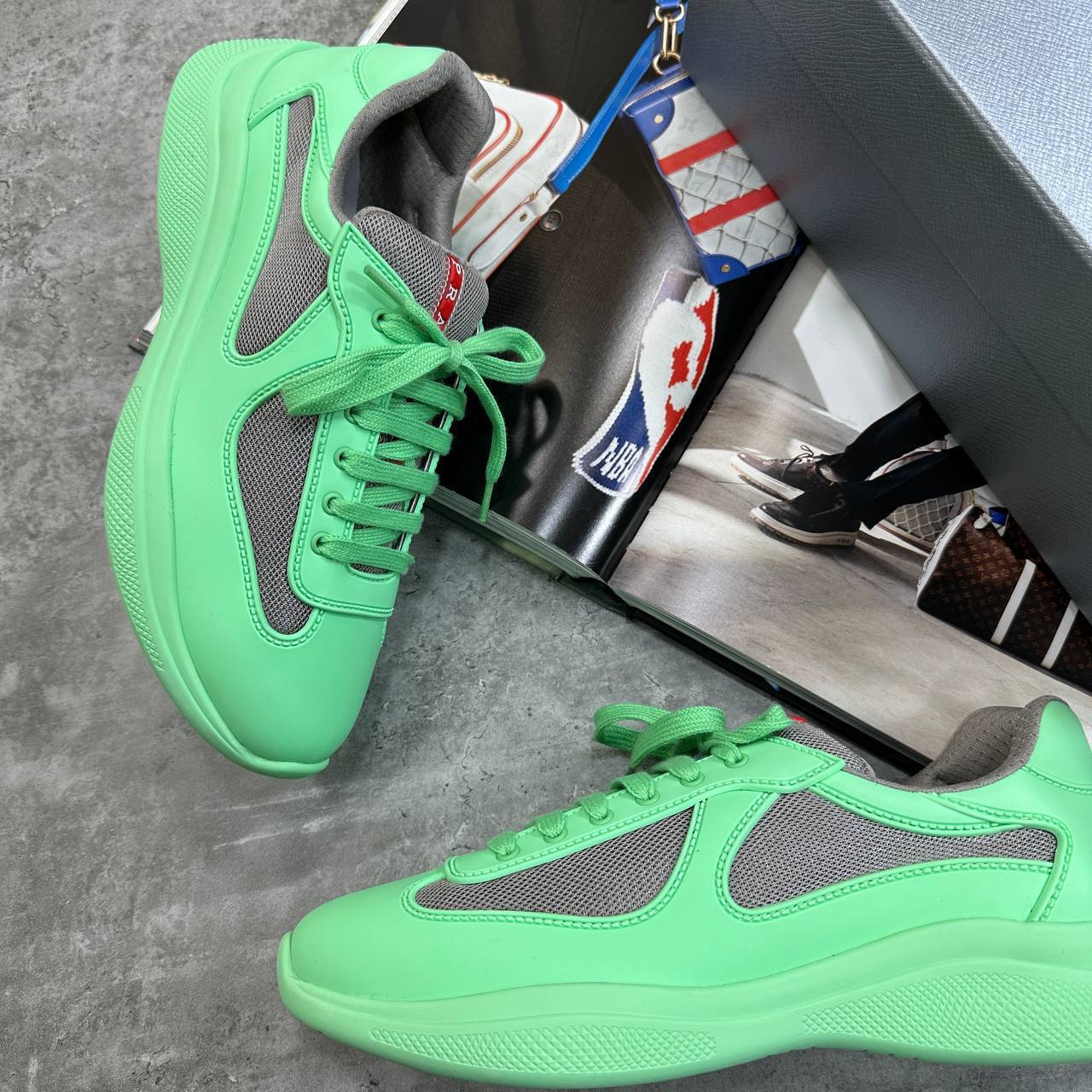 Prada America's Cup Soft Rubber Overlays Men's Trainers Green UK Reps AAA Quality