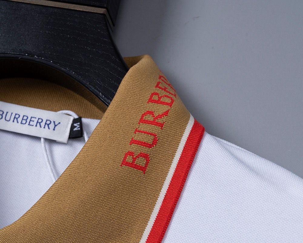 Burberry Logo Collar Cotton Polo Shirt - White with Beige Knitted Collar UK Reps AAA+ Quality