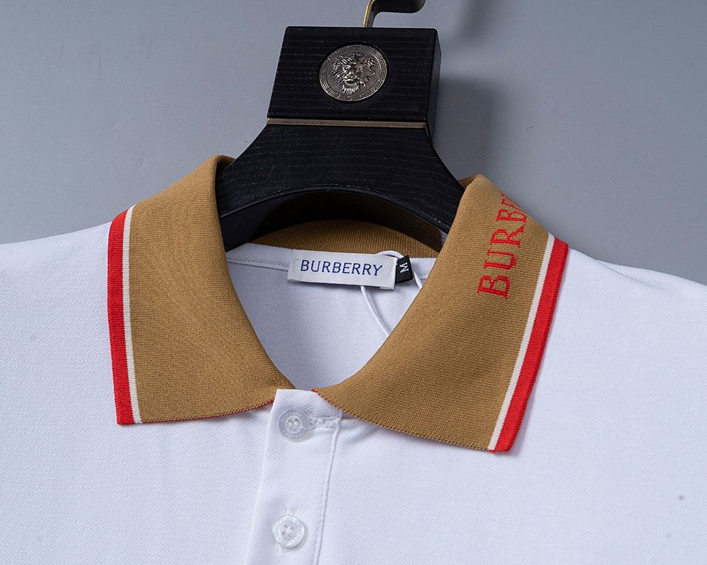 Burberry Logo Collar Cotton Polo Shirt - White with Beige Knitted Collar UK Reps AAA+ Quality
