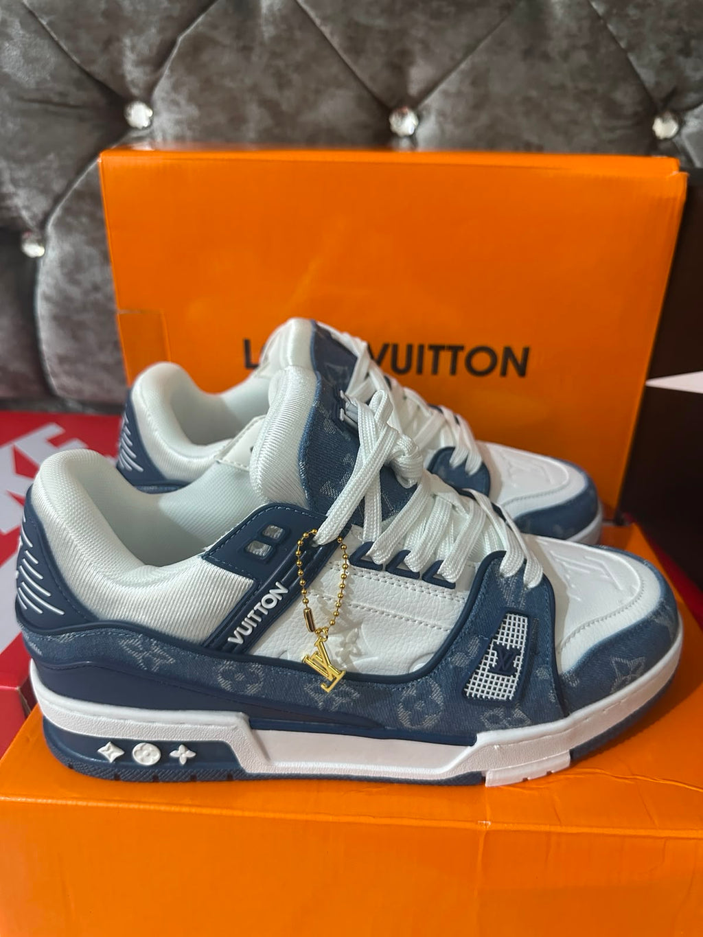 Louis Vuitton LV Monogram White Blue Mens Trainers UK Reps AAA Quality