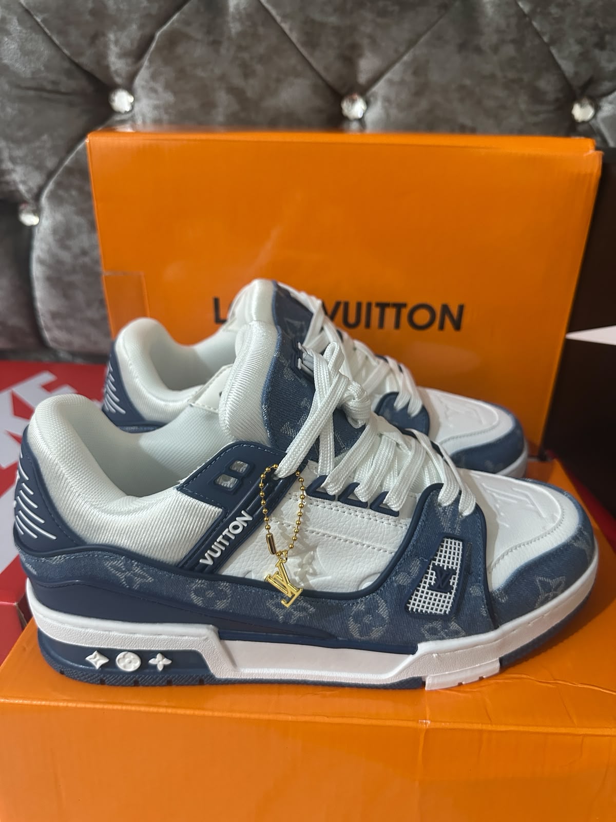 Louis Vuitton LV Monogram White Blue Mens Trainers UK Reps AAA Quality