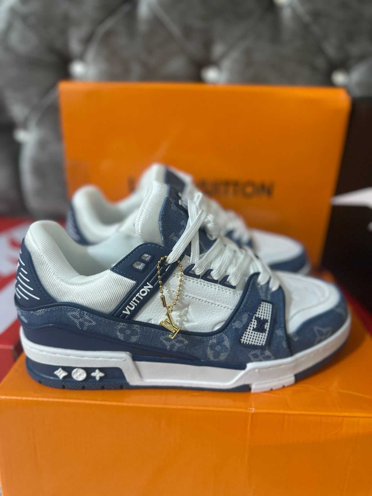 Louis Vuitton LV Monogram White Blue Mens Trainers UK Reps AAA Quality