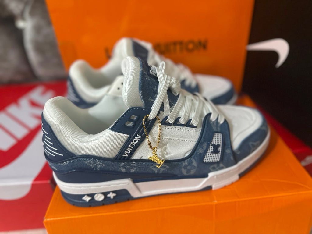 Louis Vuitton LV Monogram White Blue Mens Trainers UK Reps AAA Quality