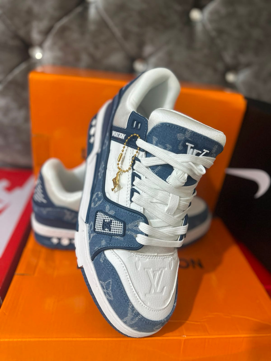 Louis Vuitton LV Monogram White Blue Mens Trainers UK Reps AAA Quality
