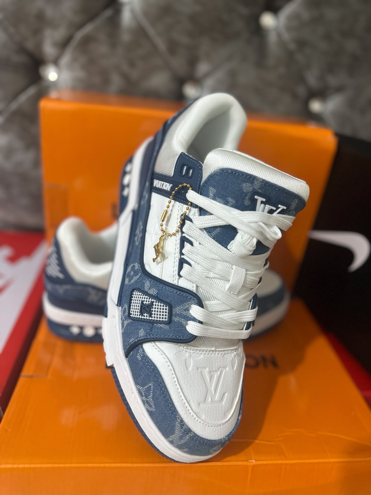 Louis Vuitton LV Monogram White Blue Mens Trainers UK Reps AAA Quality