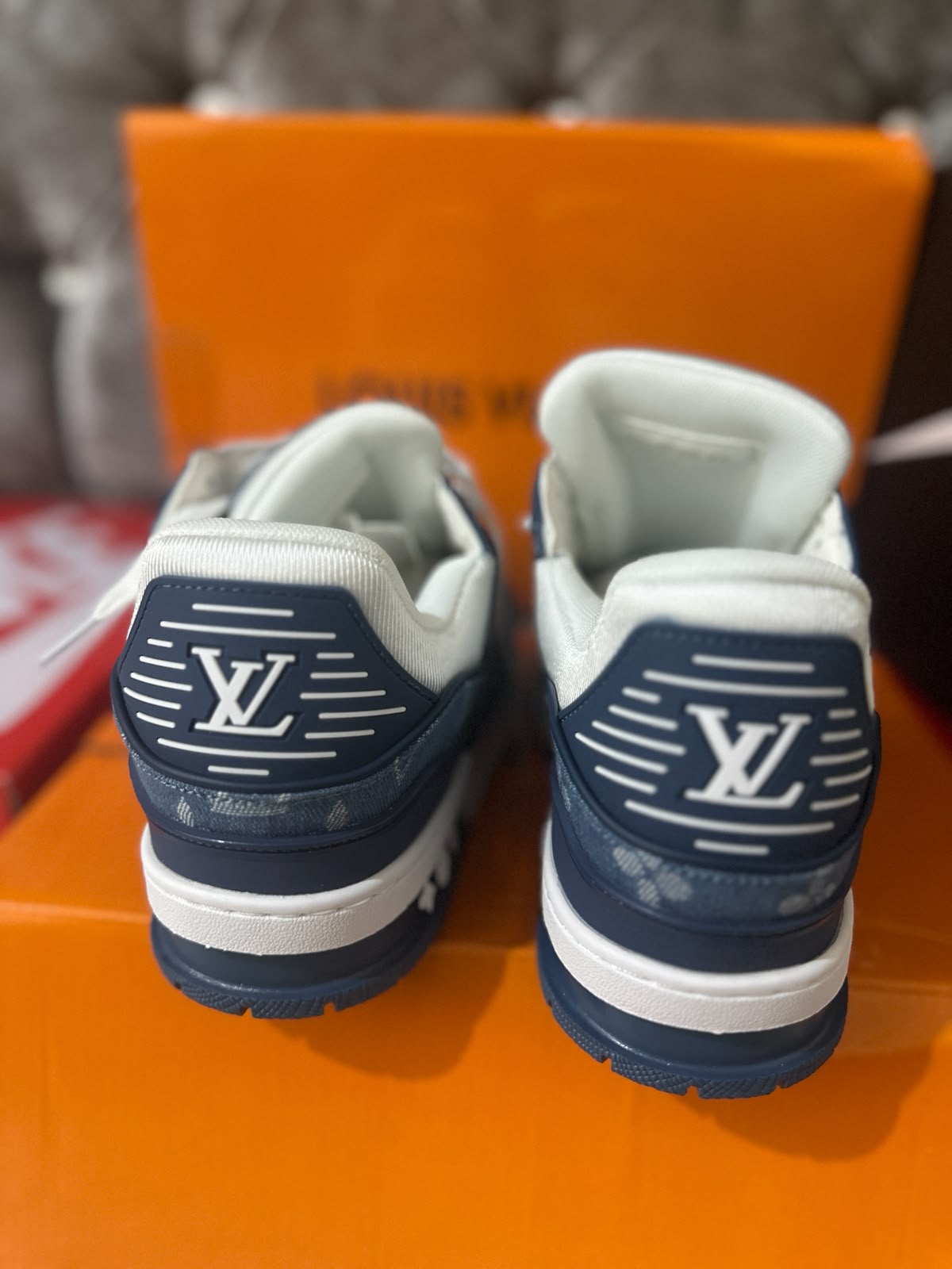 Louis Vuitton LV Monogram White Blue Mens Trainers UK Reps AAA Quality
