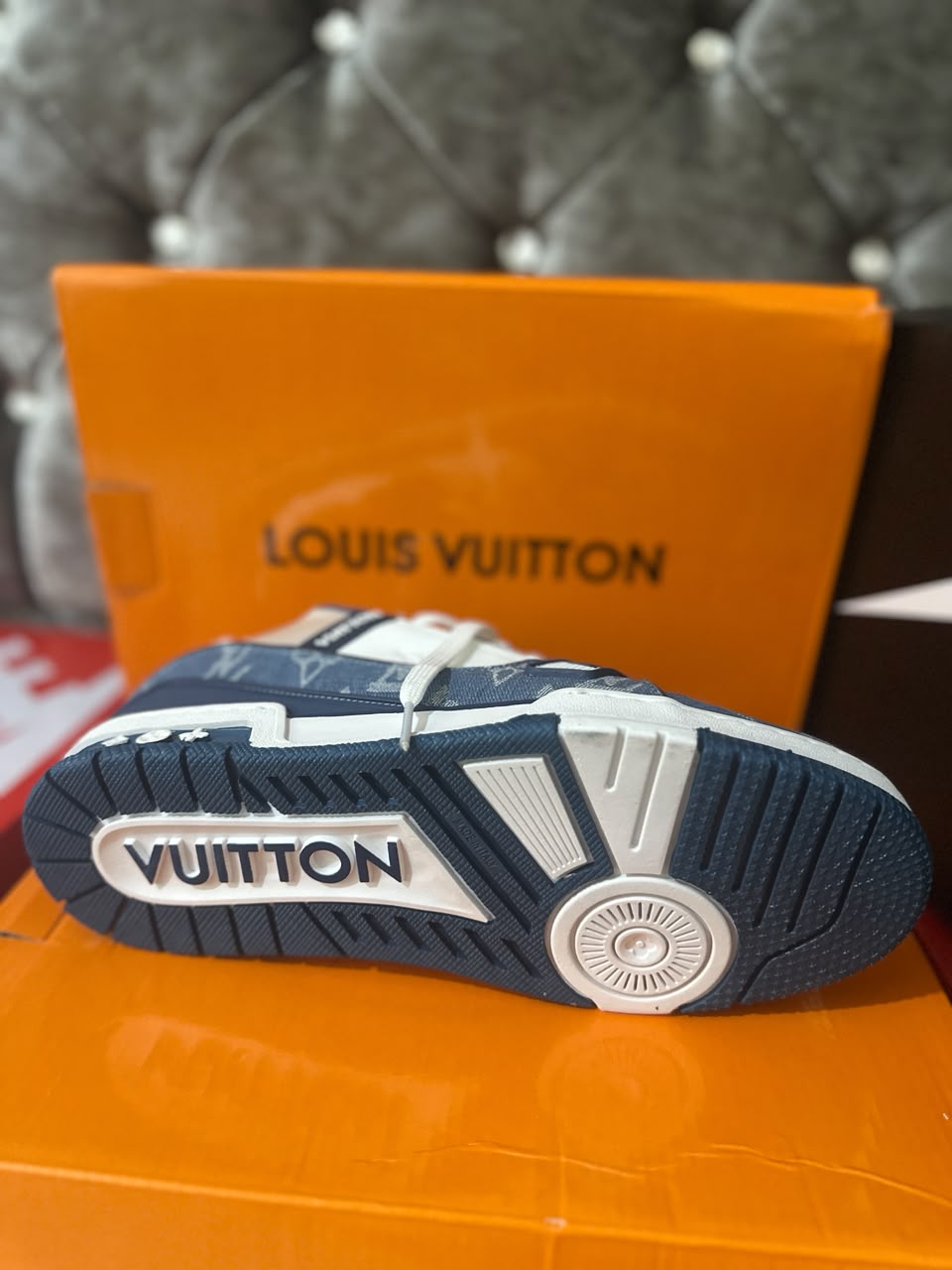 Louis Vuitton LV Monogram White Blue Mens Trainers UK Reps AAA Quality