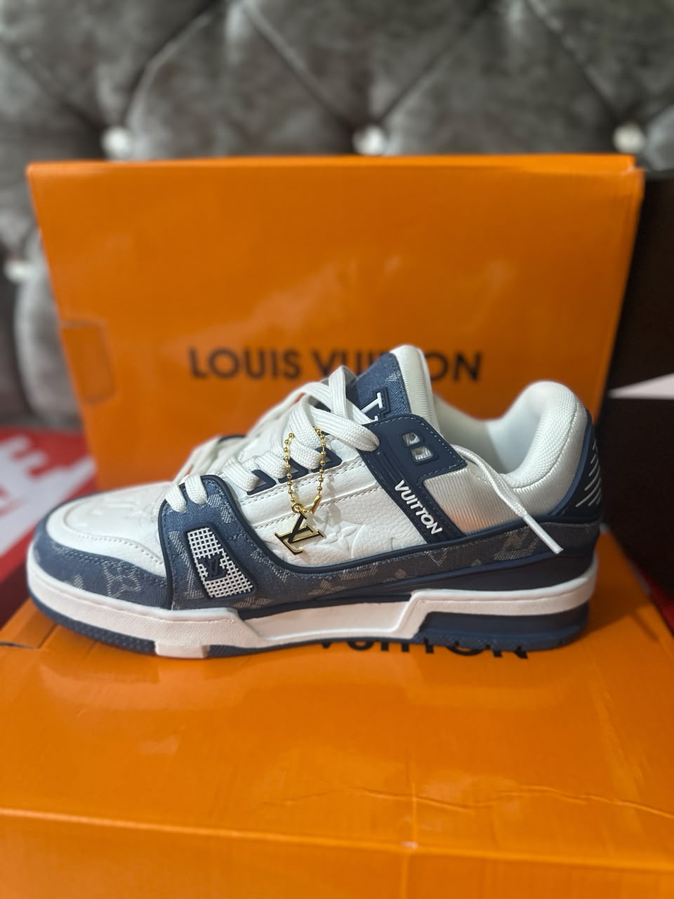 Louis Vuitton LV Monogram White Blue Mens Trainers UK Reps AAA Quality