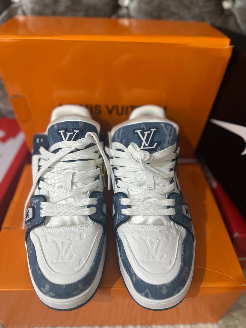 Louis Vuitton LV Monogram White Blue Mens Trainers UK Reps AAA Quality