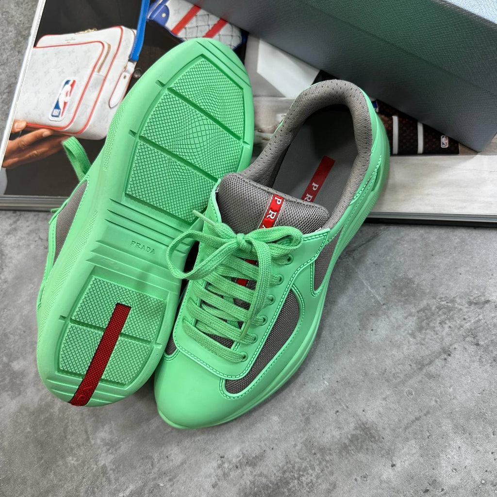 Prada America's Cup Soft Rubber Overlays Men's Trainers Green UK Reps AAA Quality