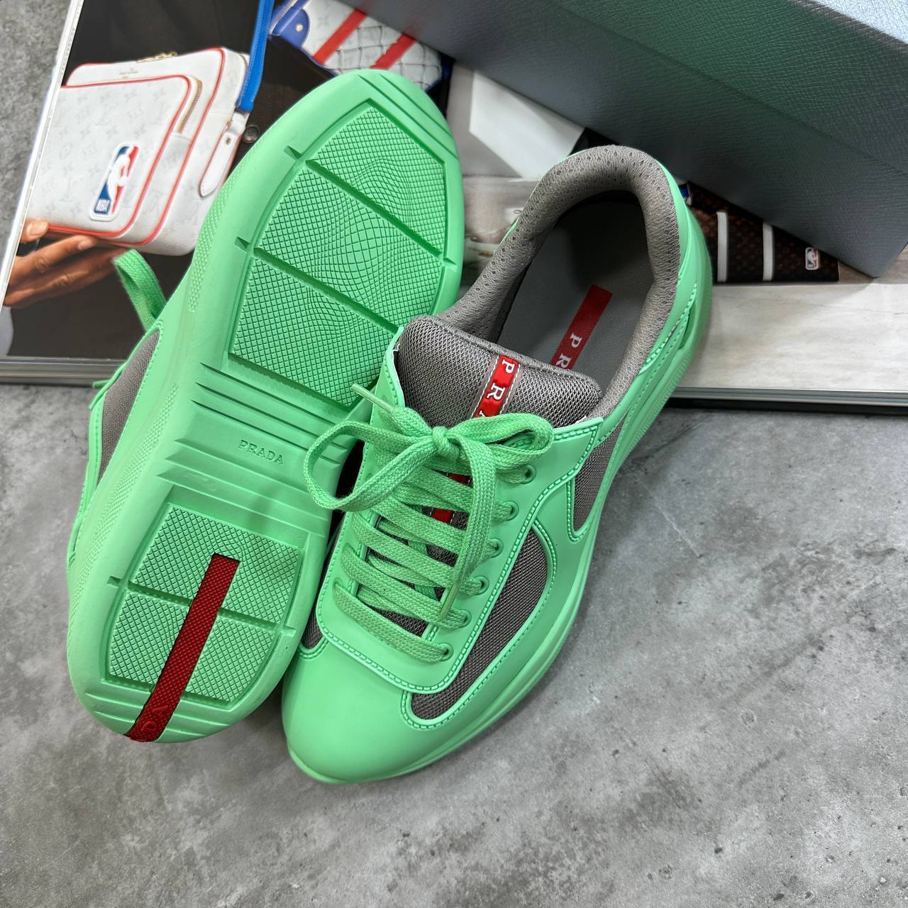 Prada America's Cup Soft Rubber Overlays Men's Trainers Green UK Reps AAA Quality