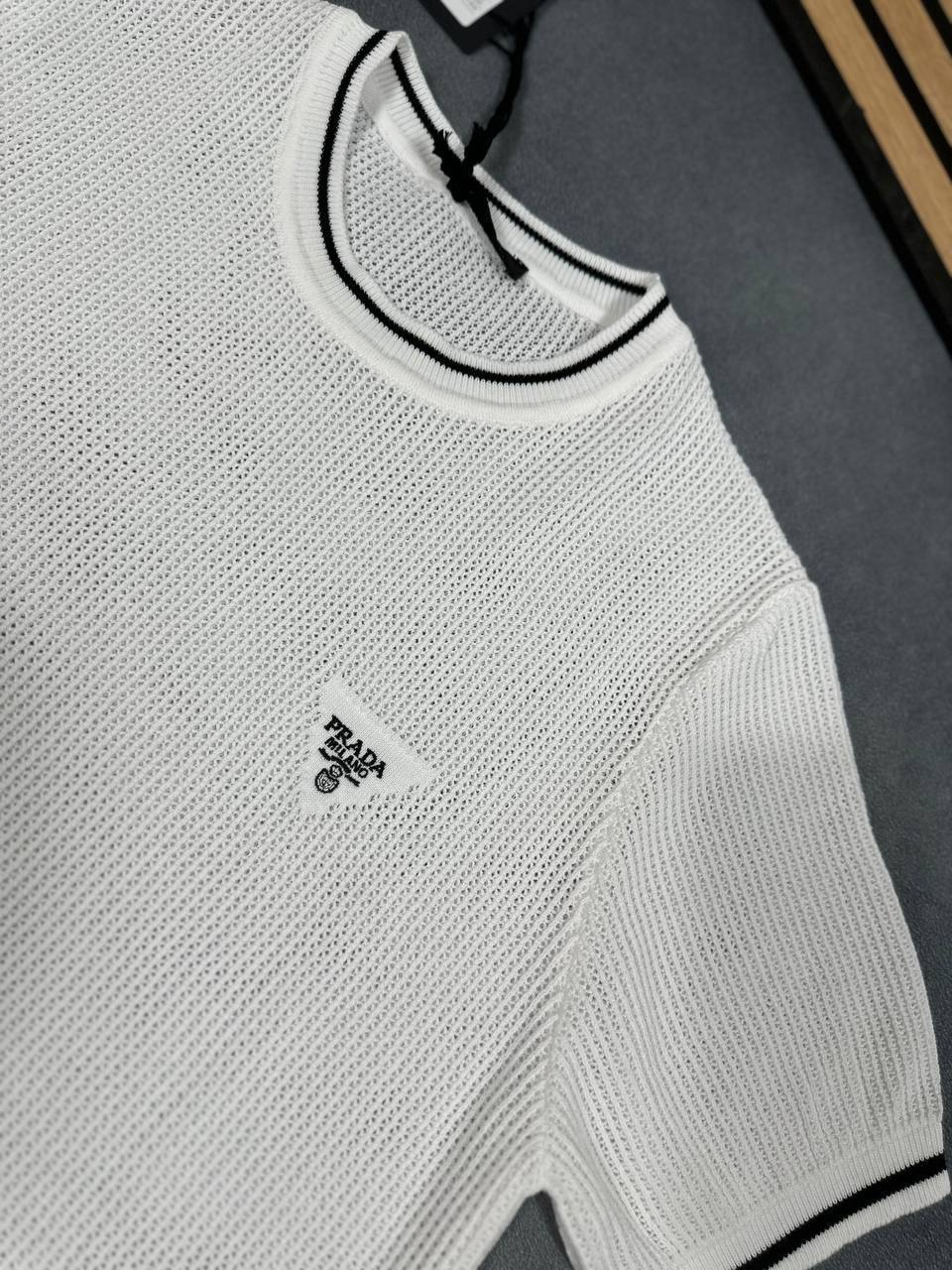 Prada Milano Triangle Logo Cotton Replica T Shirts for Men's Size KNITTED TEE  Sale UK