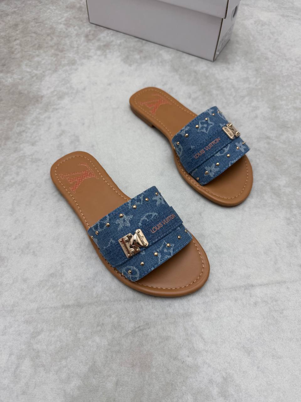 Louis Vuitton Denim Studded Women's Sliders in Blue UK Reps AAA Quality