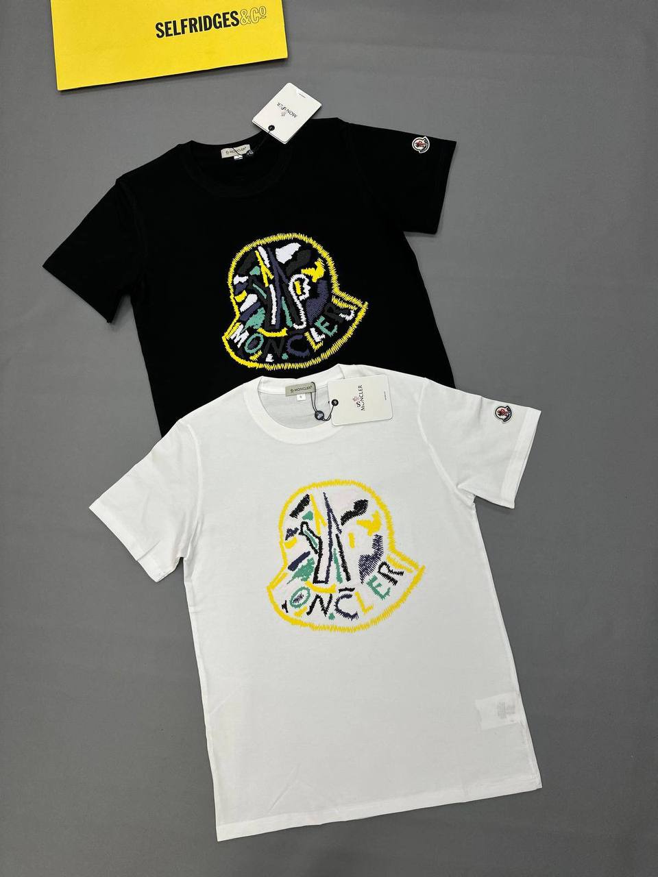 Moncler Yellow Graphic Logo Cotton T-Shirts Mens in 2 Colors UK Reps AAA Quality