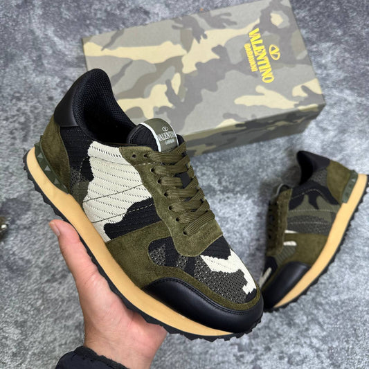 Valentino Mesh Fabric Camouflage Camo Mens Trainers in Green Best Sale UK Reps AAA Quality