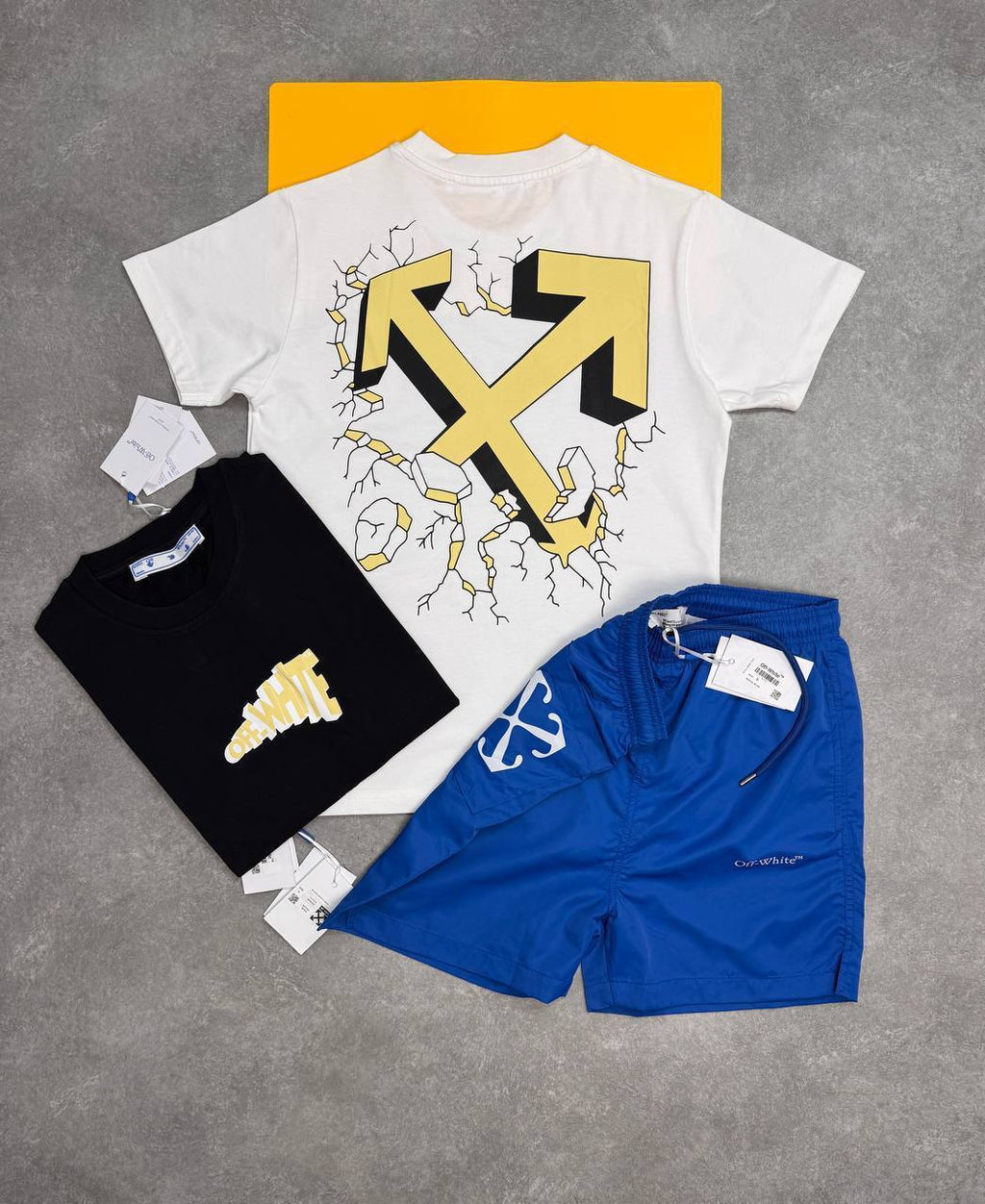 Off-White  Cartoon Arrow Slim Tee Short Sleeve Mens T-Shirts & Shorts Sets in Multiple Colors UK Reps AAA Quality