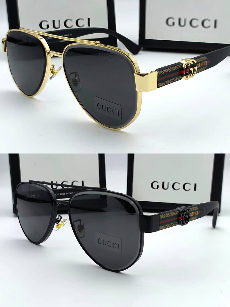 Gucci Polarized Square Aviator Signature Web Stripe Temples Men Sunglasses in 2 Colors UK Reps AAA Quality