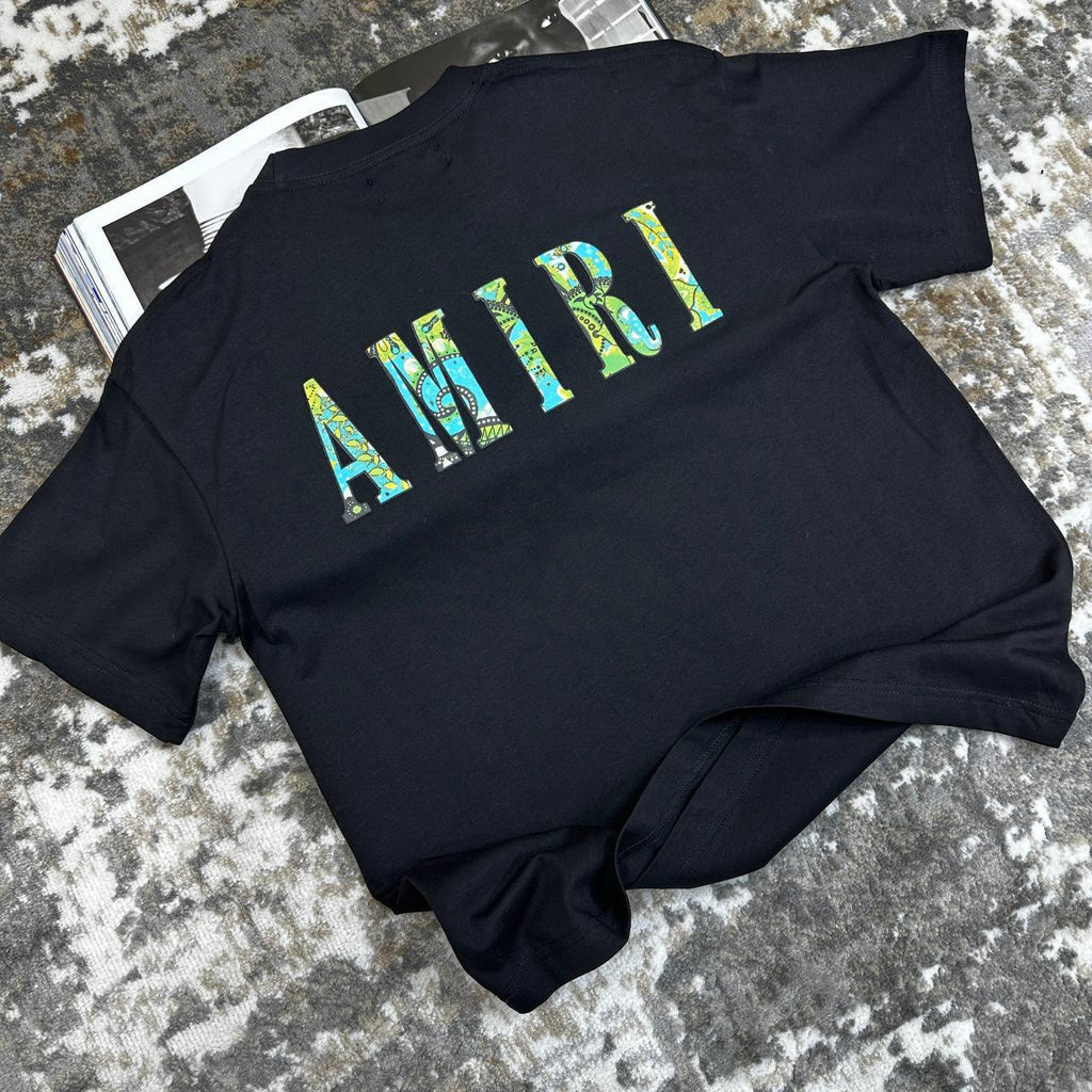 Amiri Black Paisley Logo T-shirts in Cotton For Mens UK Reps AAA Quality