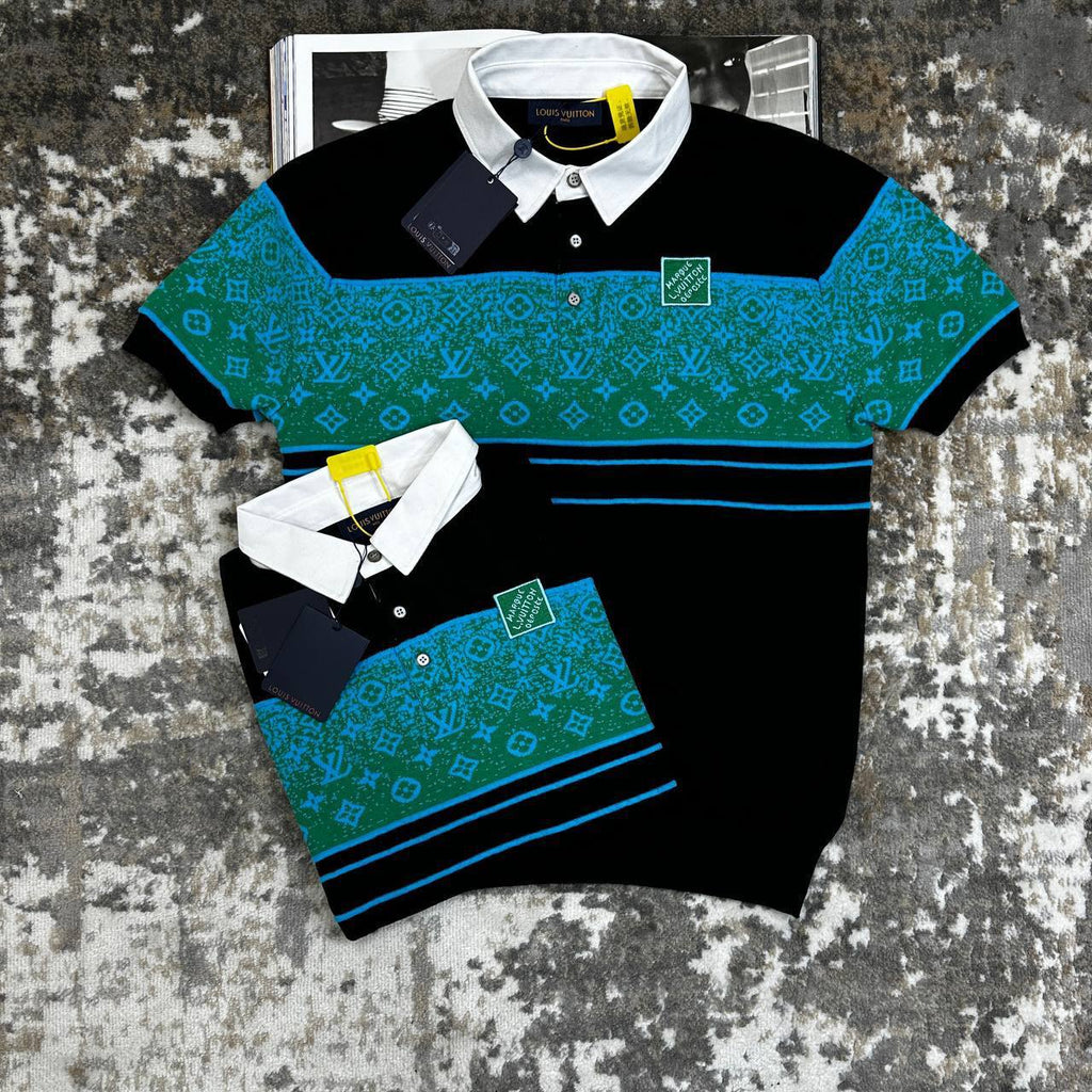 Louis Vuitton Iridescent Jacquard Short-Sleeved Green Polo Shirts Mens UK Reps AAA Quality