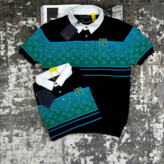 Louis Vuitton Iridescent Jacquard Short-Sleeved Green Polo Shirts Mens UK Reps AAA Quality