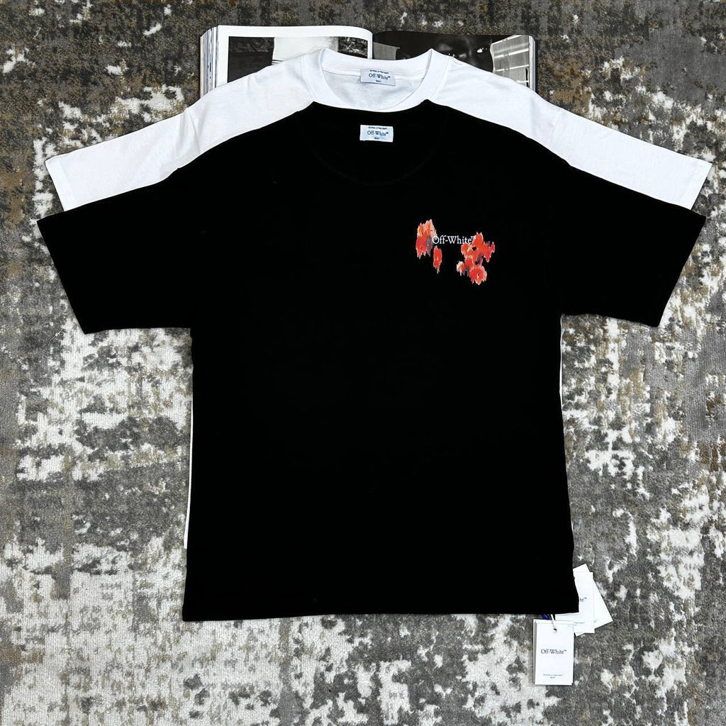 Off-White Red Floral Design T-Shirts Short Sleeve Tee Mens UK Reps AAA Quality