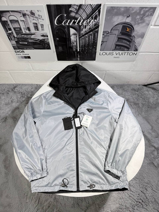 Prada Re-Nylon Reversible Hooded Jackets Mens in Metallic Silver/Black UK Reps AAA Quality