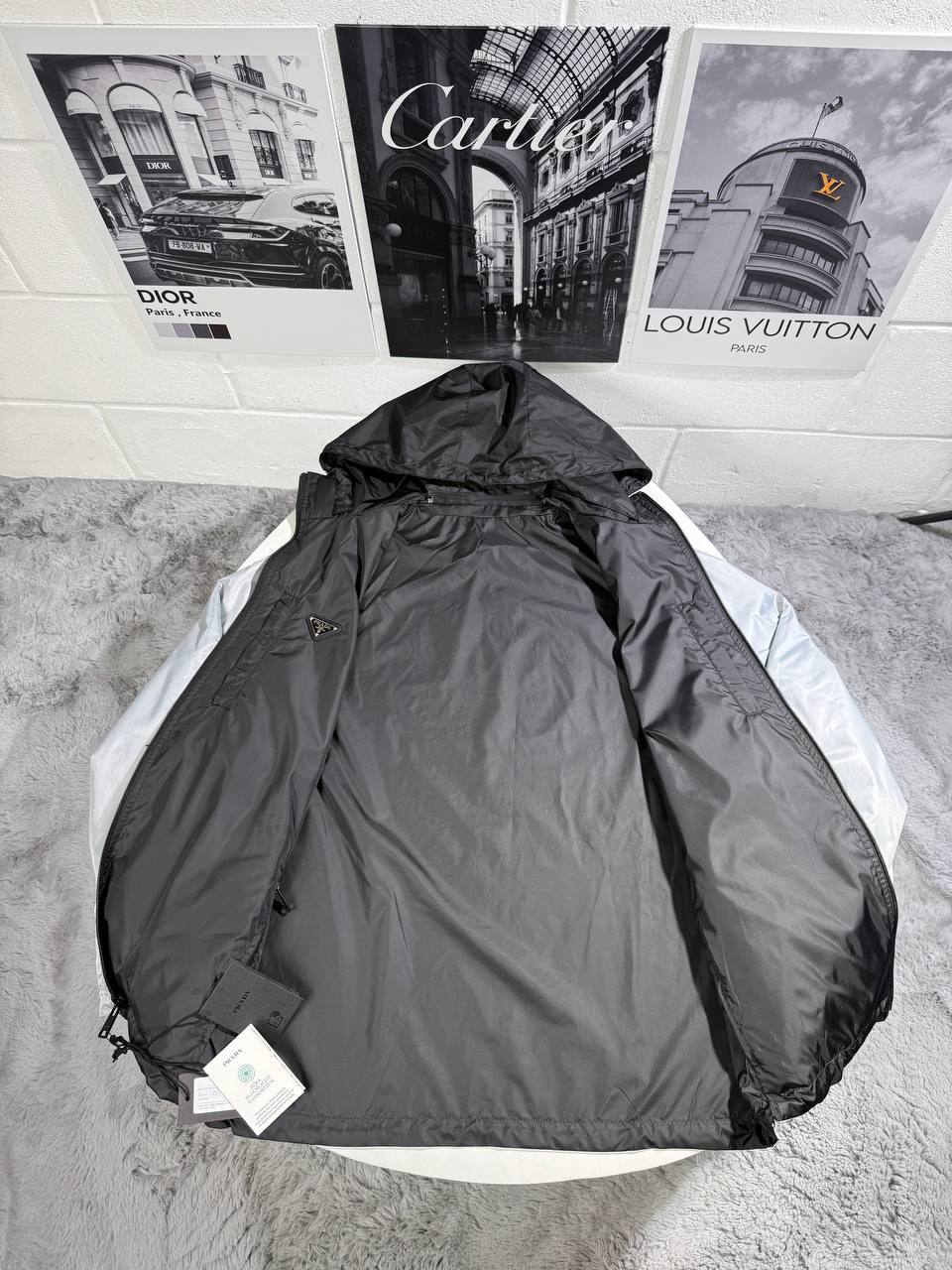 Prada Re-Nylon Reversible Hooded Jackets Mens in Metallic Silver/Black UK Reps AAA Quality