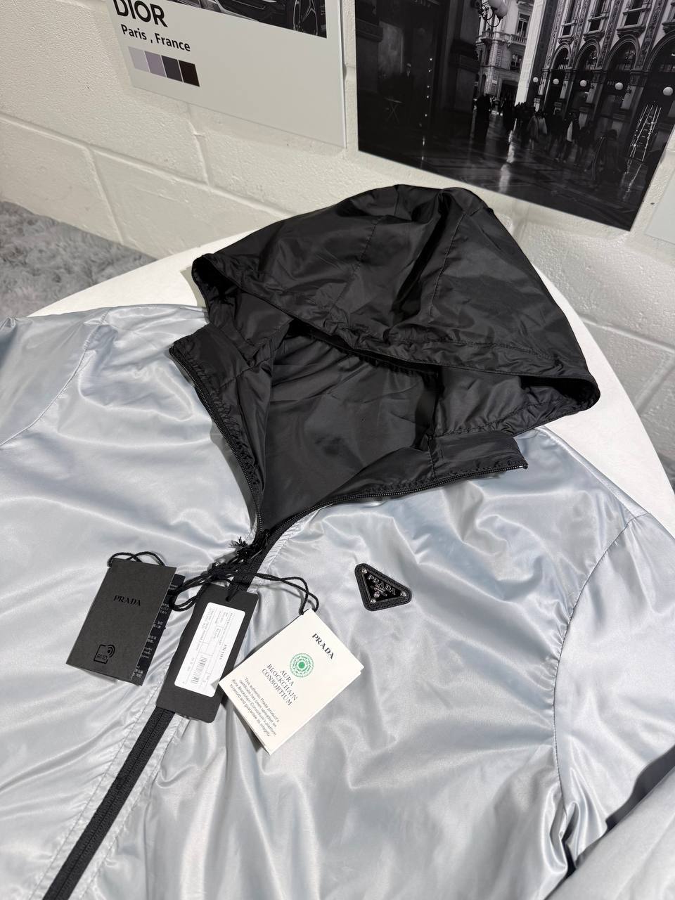 Prada Re-Nylon Reversible Hooded Jackets Mens in Metallic Silver/Black UK Reps AAA Quality