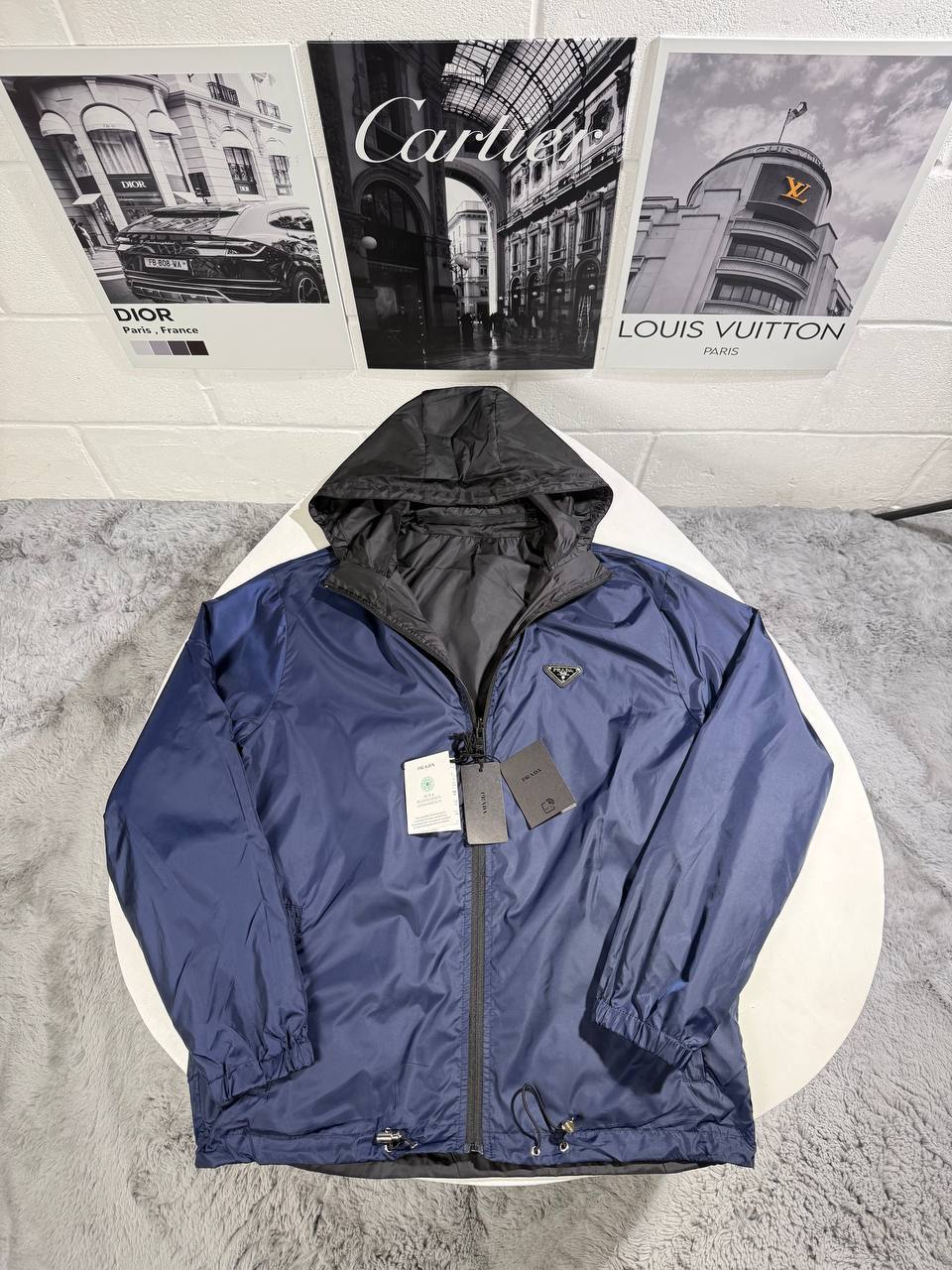 Prada Re-Nylon Reversible Hooded Jackets Mens in Navy/Black UK Reps AAA Quality
