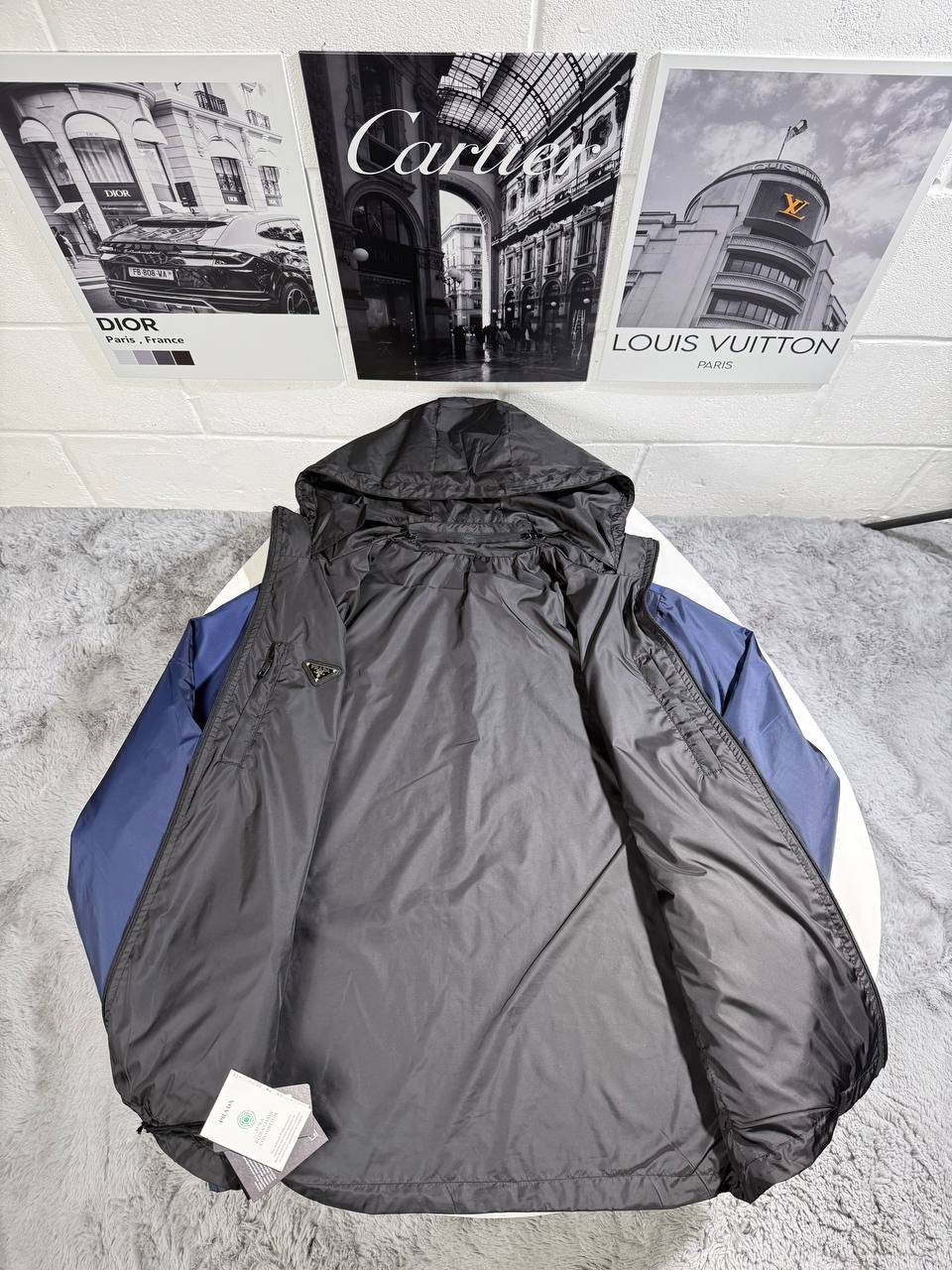 Prada Re-Nylon Reversible Hooded Jackets Mens in Navy/Black UK Reps AAA Quality