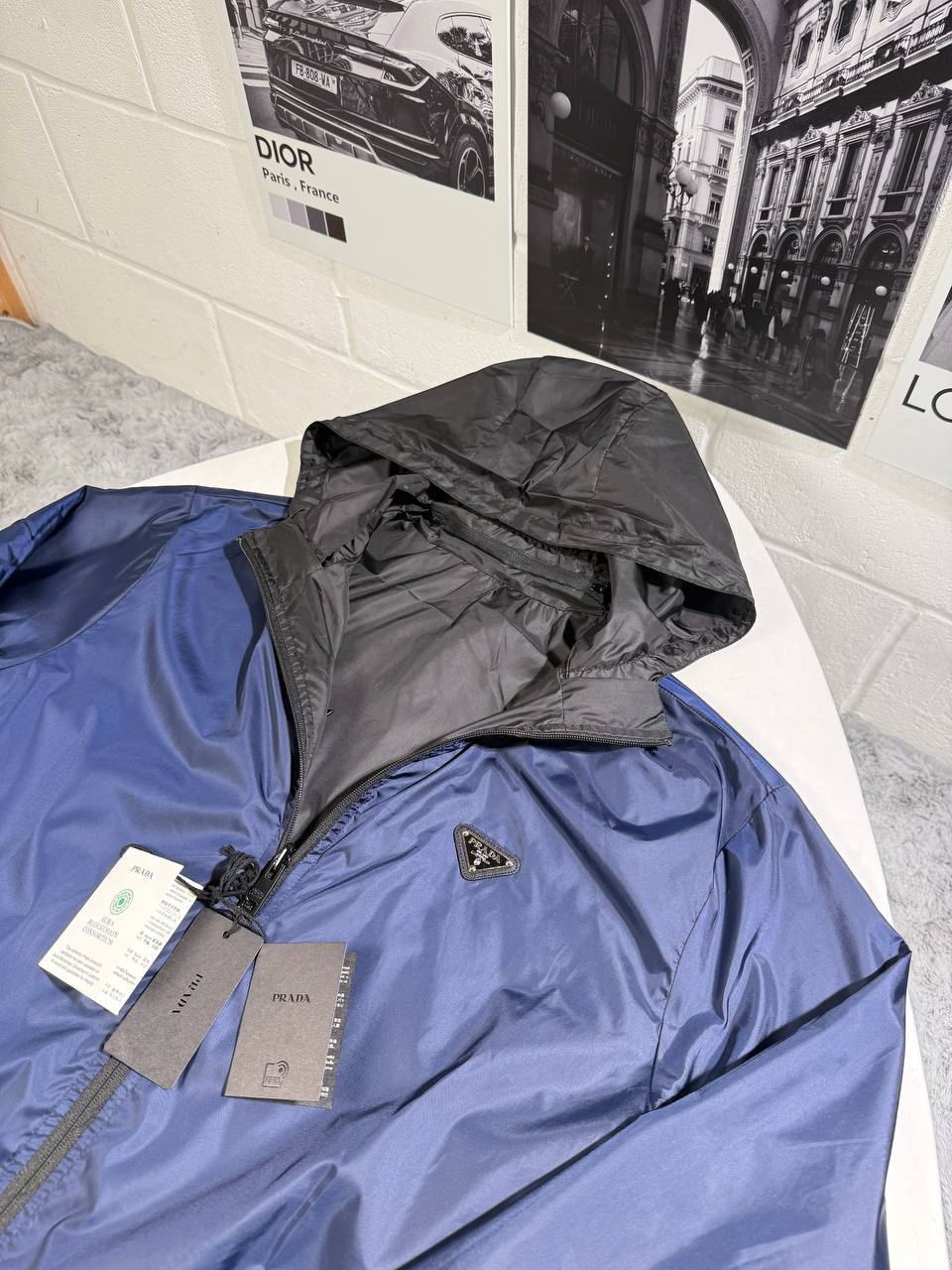 Prada Re-Nylon Reversible Hooded Jackets Mens in Navy/Black UK Reps AAA Quality