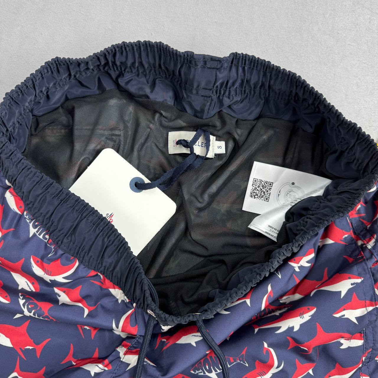 Moncler White & Blue Red Shark Printed Swim Shorts Mens UK Reps AAA Quality