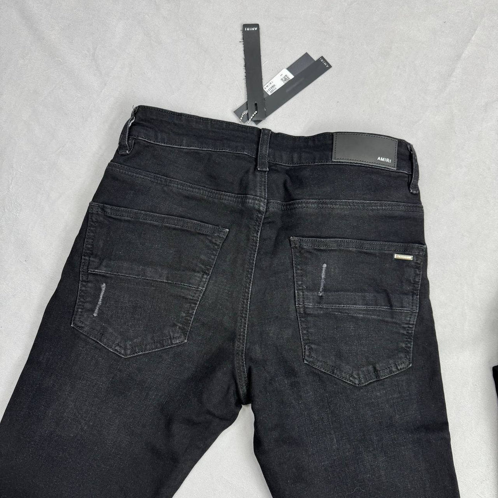 Amiri Leather Camo MX1 Aloha Patch Black Aged Jeans in Multiple Waist Sizes Mens Best Sale UK Reps AAA Quality