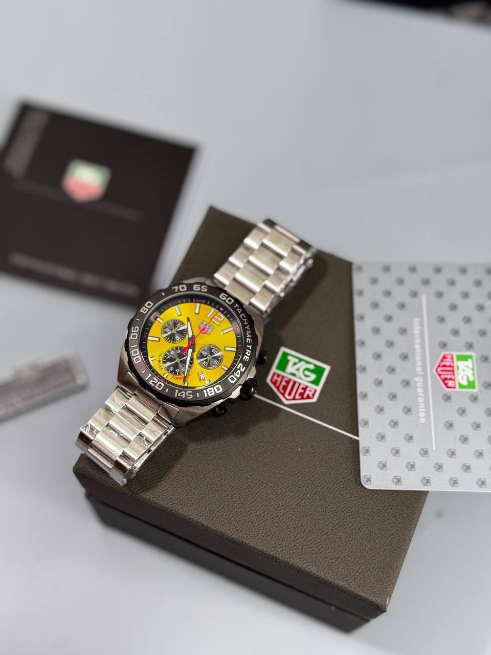 Tag Heuer Formula 1 Chronograph Silver Stainless Steel in Yellow Dial Mens Watches Best Sale UK Reps AAA Quality