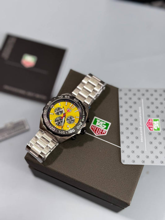 Tag Heuer Formula 1 Chronograph Silver Stainless Steel in Yellow Dial Mens Watches Best Sale UK Reps AAA Quality