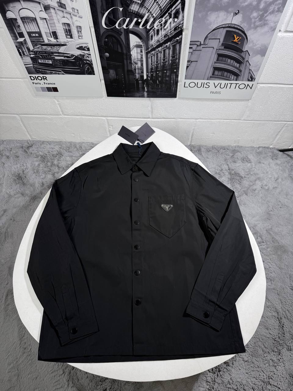 Prada Patch-Pocket Button Down Long Sleeve Overshirt Mens in Black Color Best Sale UK Reps AAA Quality