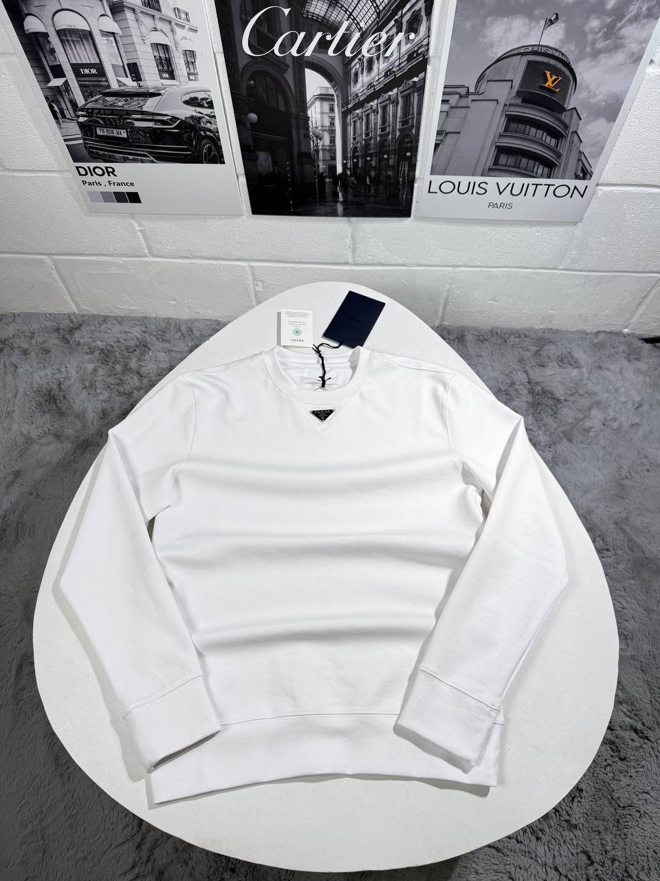 Prada Logo Plaque Cotton Mens Jumpers in White Color Best Sale UK Reps AAA Quality