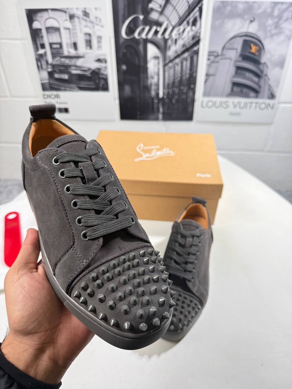 Christian Louboutin Vieira Spikes Smooky Black Trainers Mens Best Sale UK Replica AAA Quality