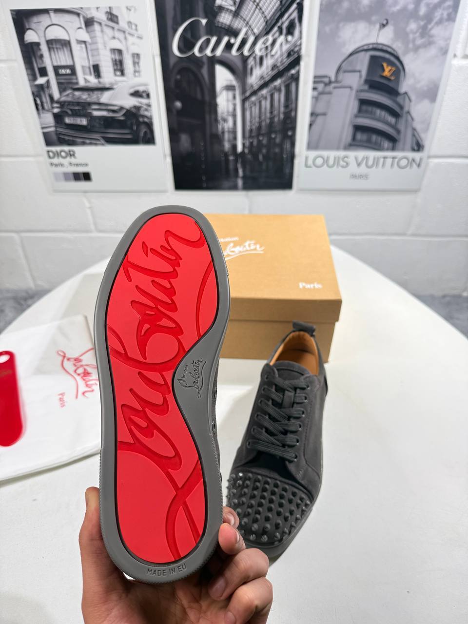 Christian Louboutin Vieira Spikes Smooky Black Trainers Mens Best Sale UK Replica AAA Quality