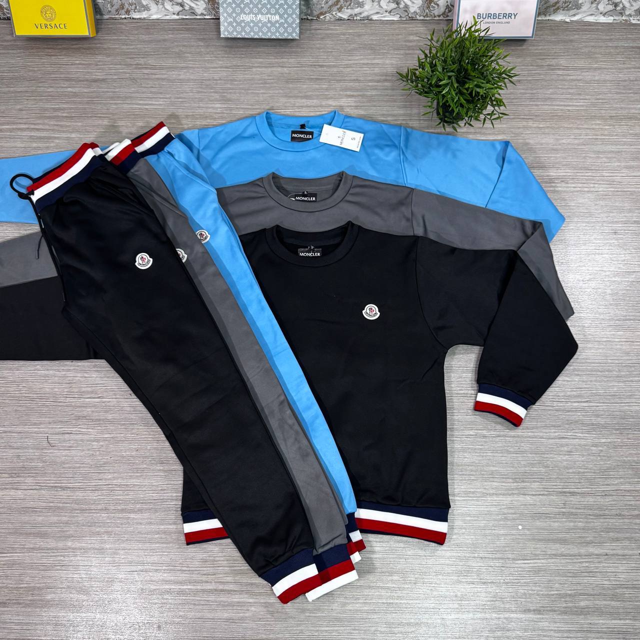 Moncler Tricolour-Trimmed Cotton Fashion Tracksuits Mens in Multiple Colors UK Reps AAA Quality