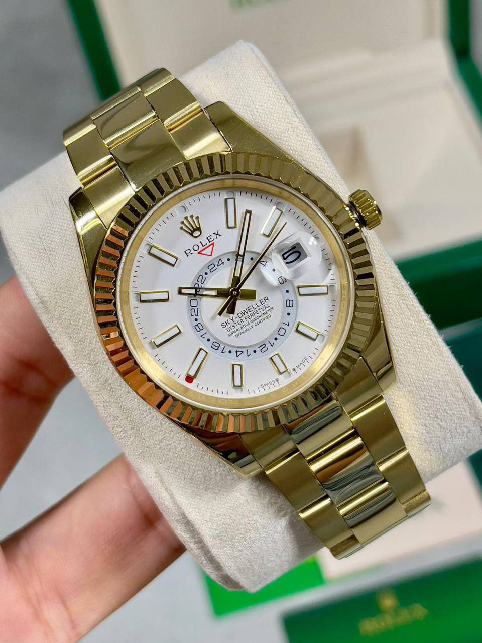 Rolex Sky-Dweller Yellow Gold White Dial Oyster Bracelet Mens Watch Best Sale UK Reps AAA Quality