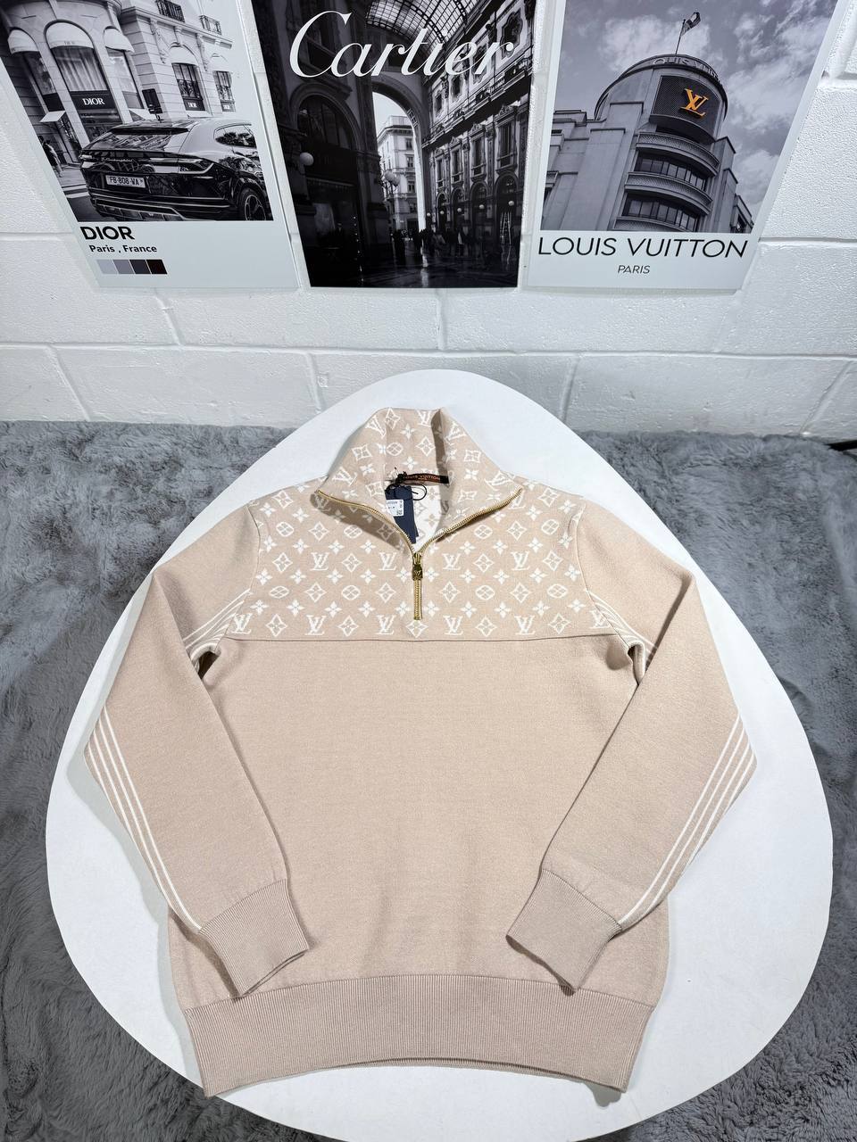Louis Vuitton Ribbed Wool Half-Zip Jumpers Mens in Beige Color Best Sale UK Reps AAA Quality