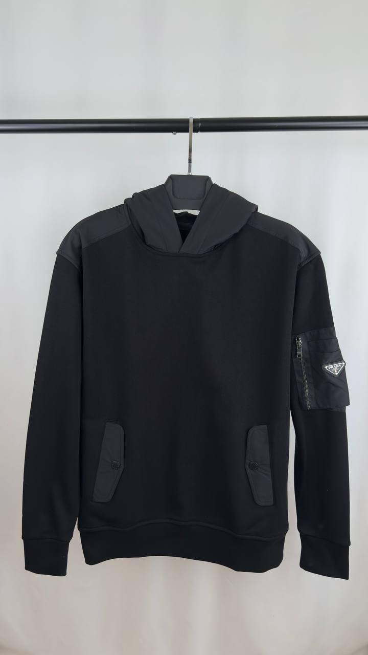 Prada Triangle-Logo Cotton & Re-Nylon Hoodie Mens in 2 Colors UK Reps AAA Quality