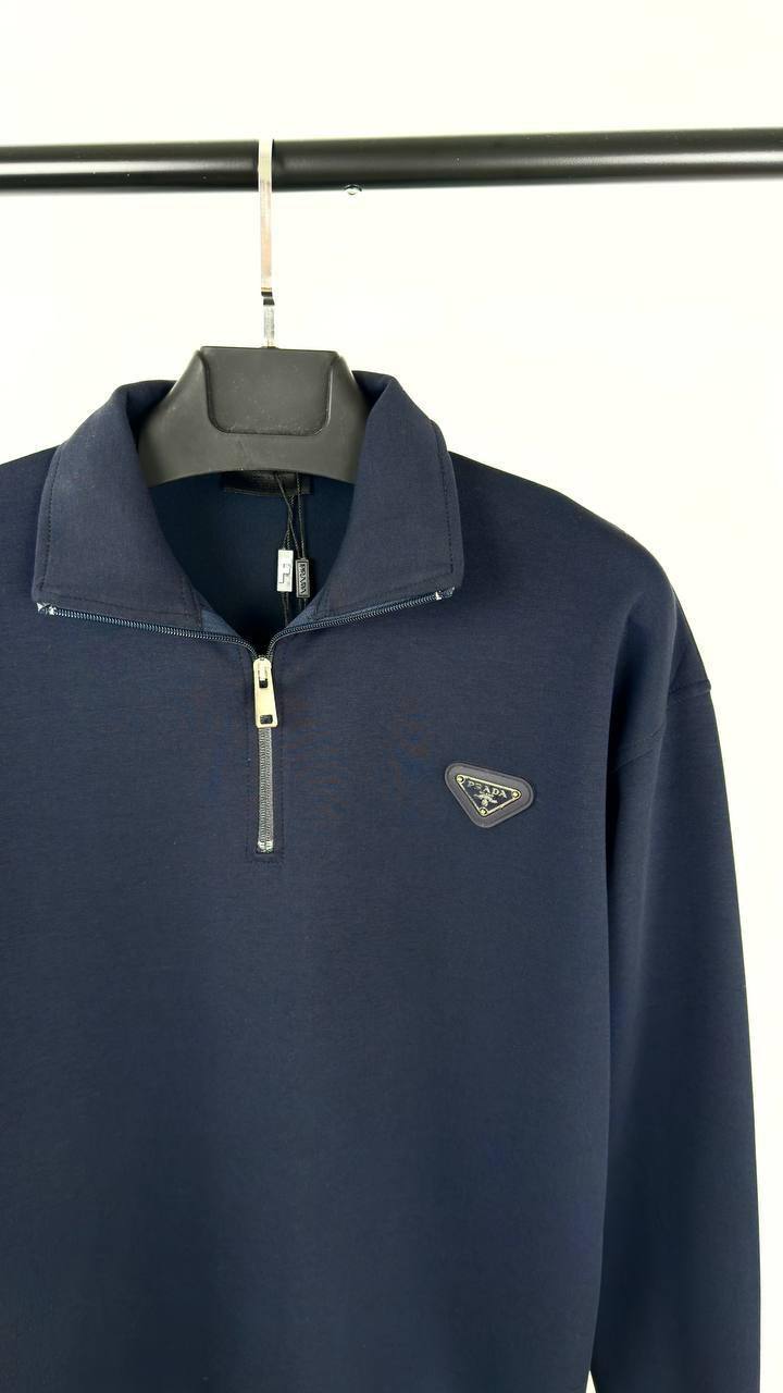 Prada Triangle Logo Half Zip Long Sleeve Cotton Mens Jumpers in 2 Colors Best Sale UK Reps AAA Quality