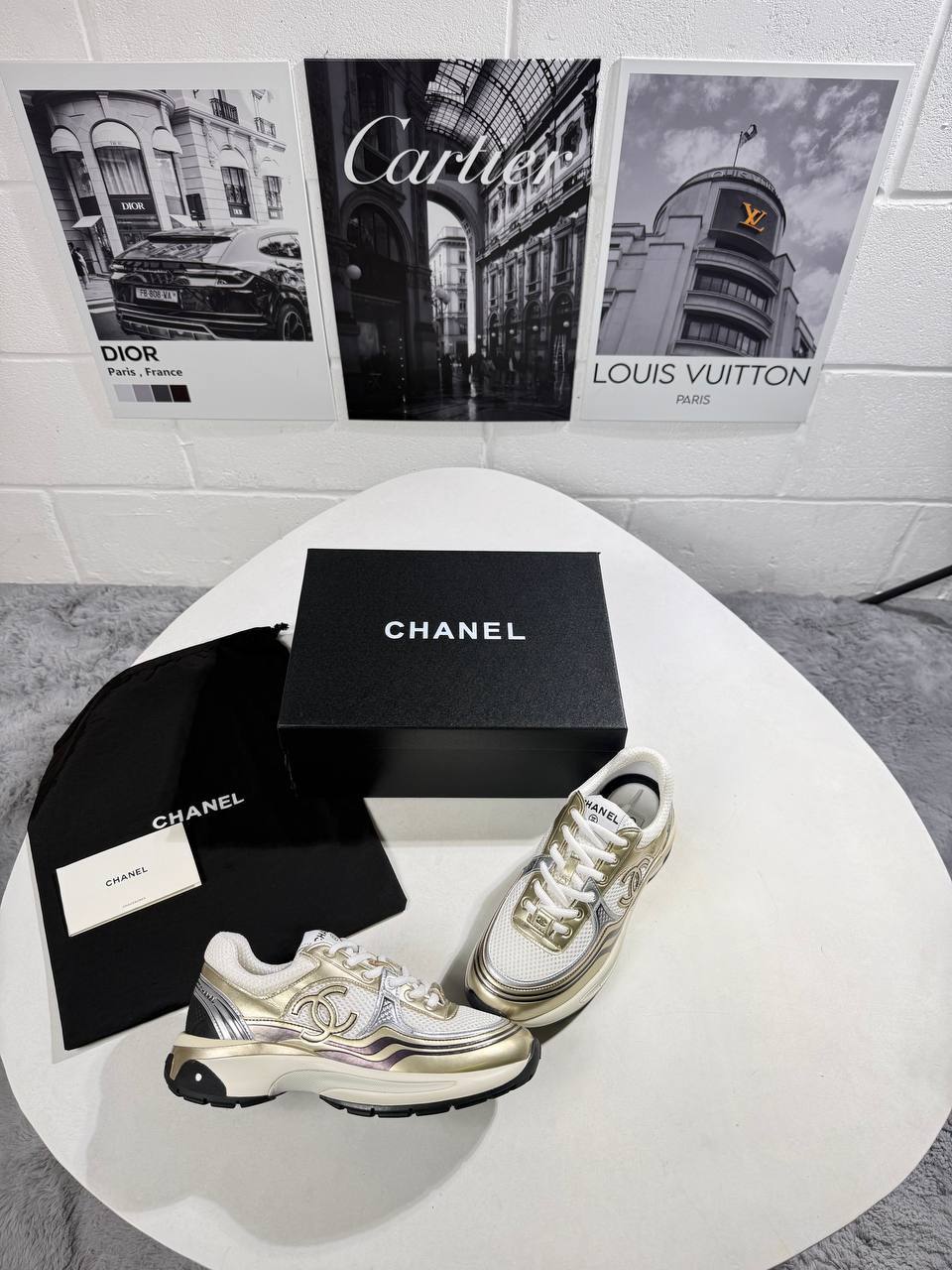 Chanel Fabric Laminated Calfskin White/Gold/Silver Womens Trainers UK Reps AAA Quality