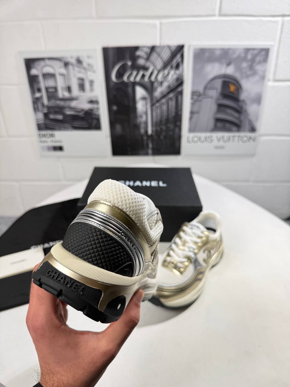 Chanel Fabric Laminated Calfskin White/Gold/Silver Womens Trainers UK Reps AAA Quality