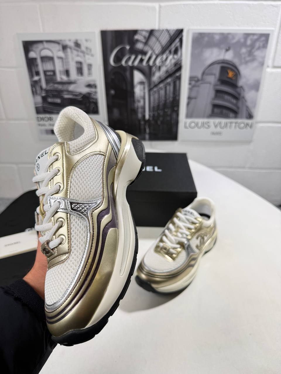Chanel Fabric Laminated Calfskin White/Gold/Silver Womens Trainers UK Reps AAA Quality
